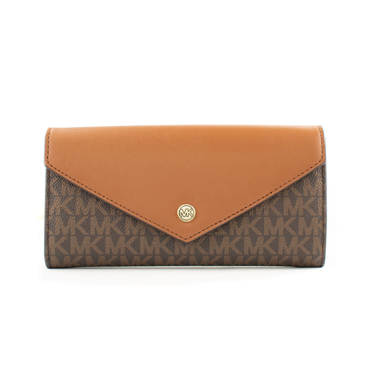This is a Michael Kors women's wallet featuring a brown monogram canvas withMK" initials and a tan leather flap. The flap has a gold-tone MK logo button closure, giving it a stylish and elegant look.
