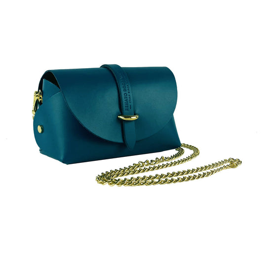 RB1001BZ | Borsa Piccola in Vera Pelle Made in Italy con Tracollina removibile e passante di chiusura in metallo Oro Lucido - Colore Ottanio -0