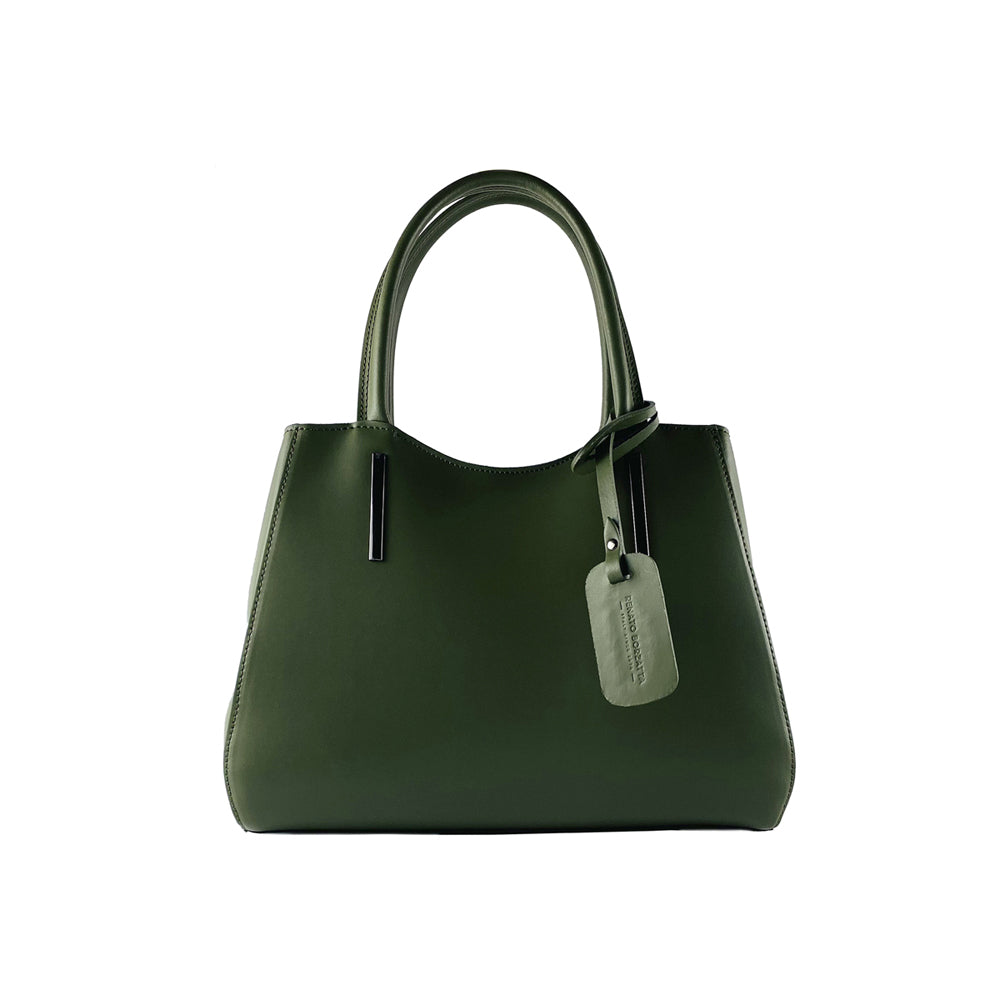RB1004E | Borsa a Mano in Vera Pelle Made in Italy con Tracollina removibile e attacchi con moschettoni in metallo Canna di Fucile - Colore Verde - Dimensioni: cm 33 x 25 x 15 + Manici 13 cm-0