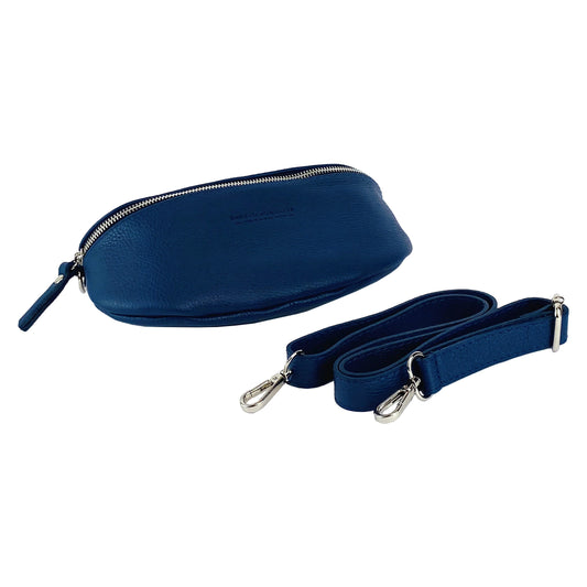 RB1015D | Marsupio con tracolla removibile in Vera Pelle Made in Italy. Attacchi con moschettoni in metallo Nickel Lucido - Colore Blu - Dimensioni: 24 x 14 x 7-0