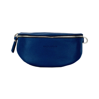 RB1015D | Marsupio con tracolla removibile in Vera Pelle Made in Italy. Attacchi con moschettoni in metallo Nickel Lucido - Colore Blu - Dimensioni: 24 x 14 x 7-1