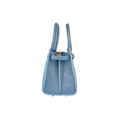 RB1016P | Borsa Donna a Mano in Vera Pelle Made in Italy con tracolla removibile. Attacchi con moschettoni in metallo Oro Lucido - Colore Avio - Dimensioni: cm 28 x 20 x 14 + 12,5-4