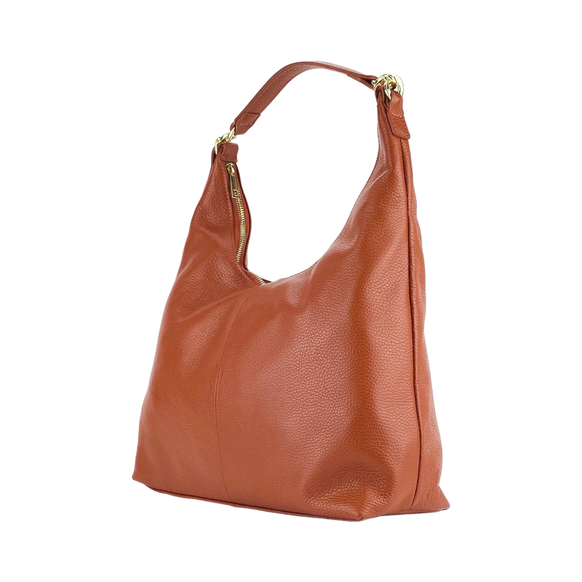 RB1017AM | Borsa Donna a spalla Morbida in Vera Pelle Made in Italy con manico singolo e tracolla removibile. Attacchi con moschettoni in metallo Oro Lucido - Colore Paprika - Dimensioni: cm 36 x 40 x 13-4