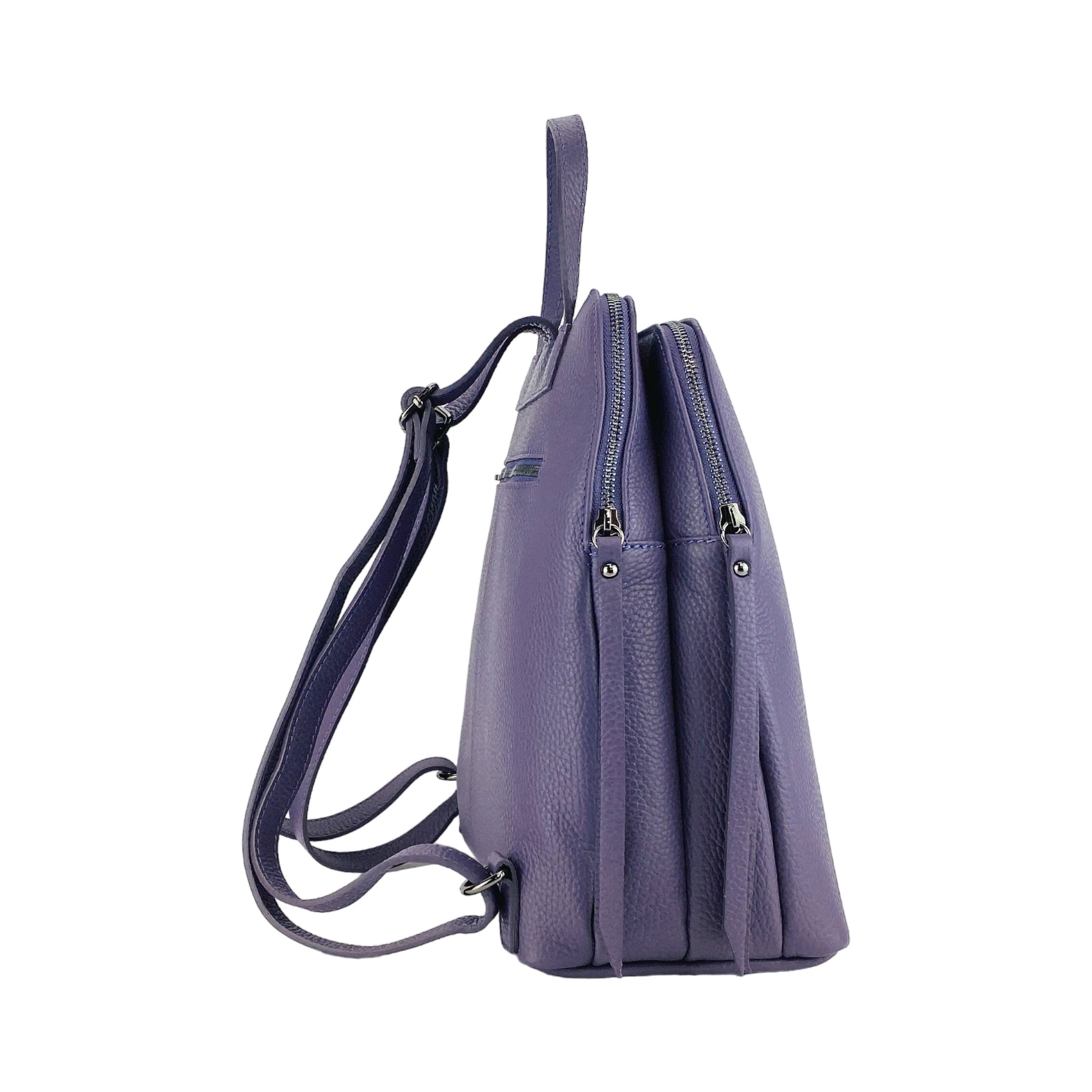 RB1018Y | Zaino Donna Doppio scomparto in Vera Pelle Made in Italy con spallacci regolabili. Accessori in metallo Canna di Fucile - Colore Viola - Dimensioni: cm 26 x 30 x 14,5-3