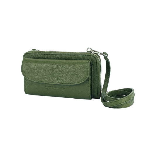 RB1020E | P/Fogli Donna con portacellulare in Vera Pelle Made in Italy con tracolla removibile. Attacchi con moschettoni in metallo Nickel Lucido. Colore Verde.-0
