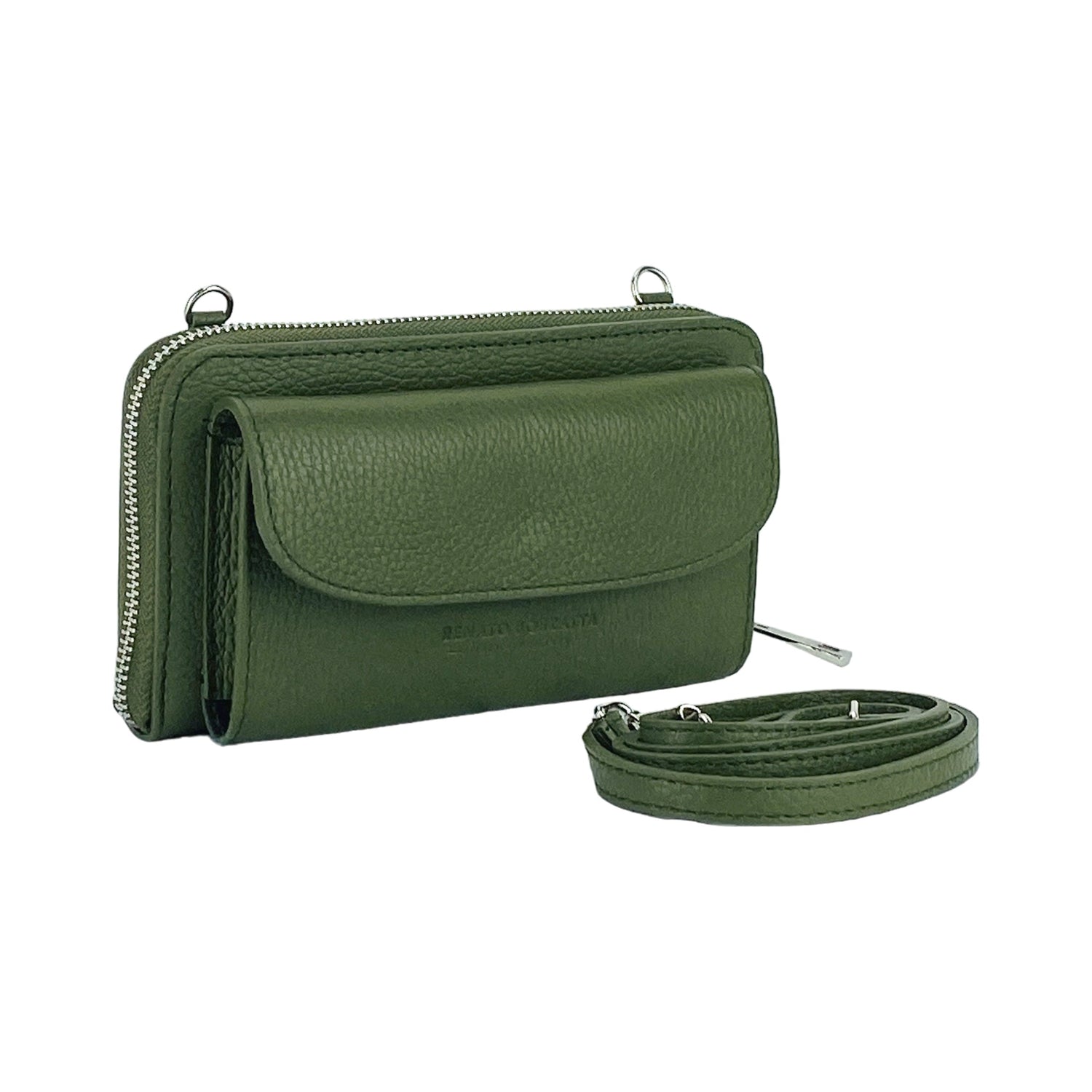 RB1020E | P/Fogli Donna con portacellulare in Vera Pelle Made in Italy con tracolla removibile. Attacchi con moschettoni in metallo Nickel Lucido. Colore Verde.-1