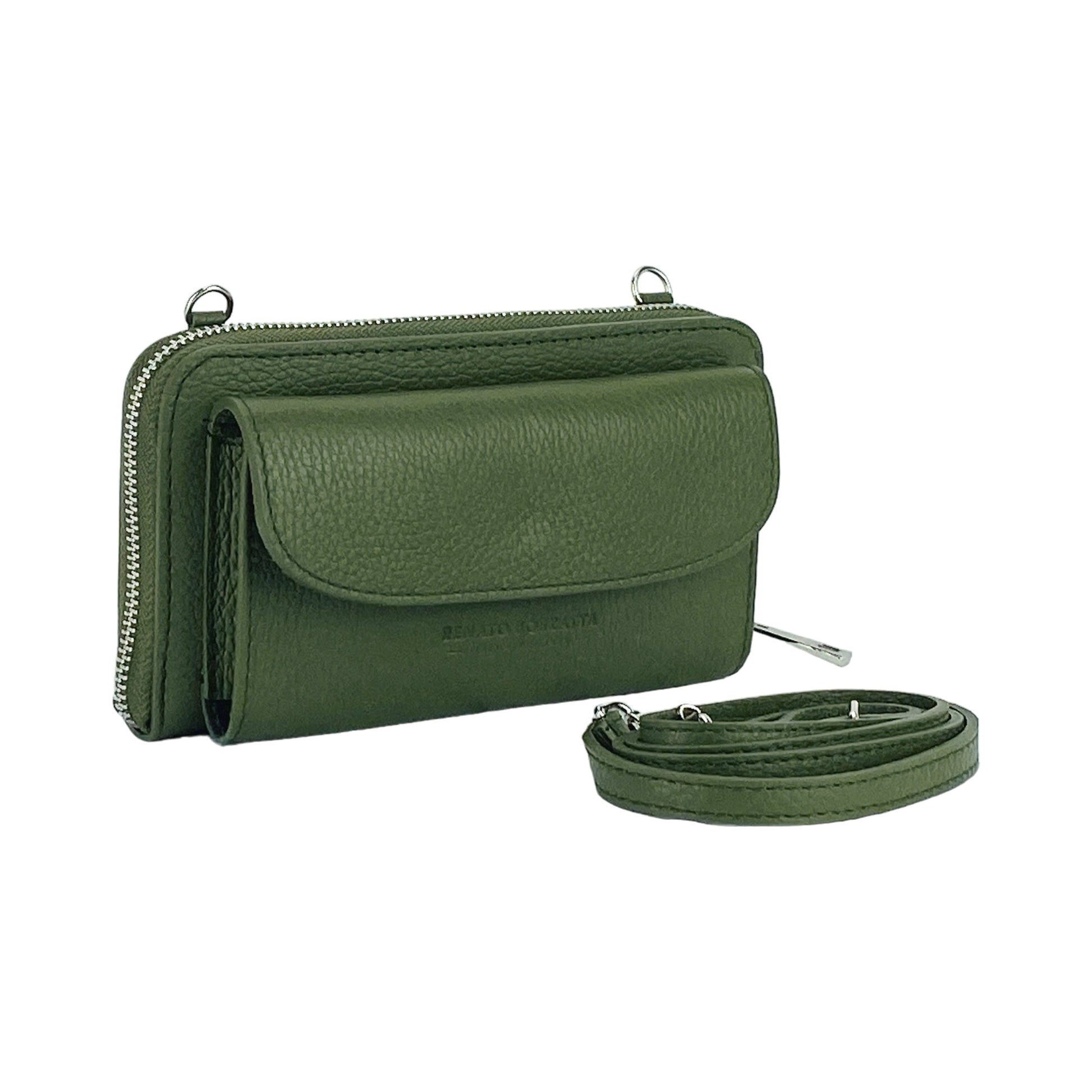 RB1020E | P/Fogli Donna con portacellulare in Vera Pelle Made in Italy con tracolla removibile. Attacchi con moschettoni in metallo Nickel Lucido. Colore Verde.-1
