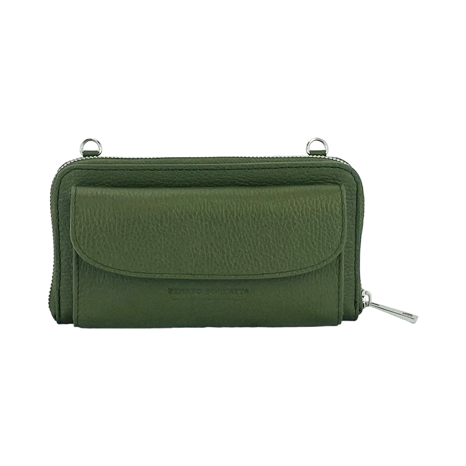 RB1020E | P/Fogli Donna con portacellulare in Vera Pelle Made in Italy con tracolla removibile. Attacchi con moschettoni in metallo Nickel Lucido. Colore Verde.-2