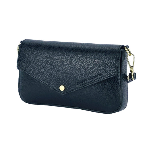 RB1023A | Borsa piccola a Spalla con Tracolla a catena removibile in Vera Pelle Made in Italy. Pattina di Chiusura. Accessori in metallo Oro Lucido - Colore Nero-0