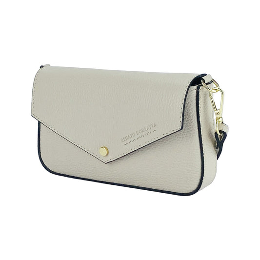 RB1023AB | Borsa piccola a Spalla con Tracolla a catena removibile in Vera Pelle Made in Italy. Pattina di Chiusura. Accessori in metallo Oro Lucido - Colore Avorio - Dimensioni: cm 22 x 12 x 3-0