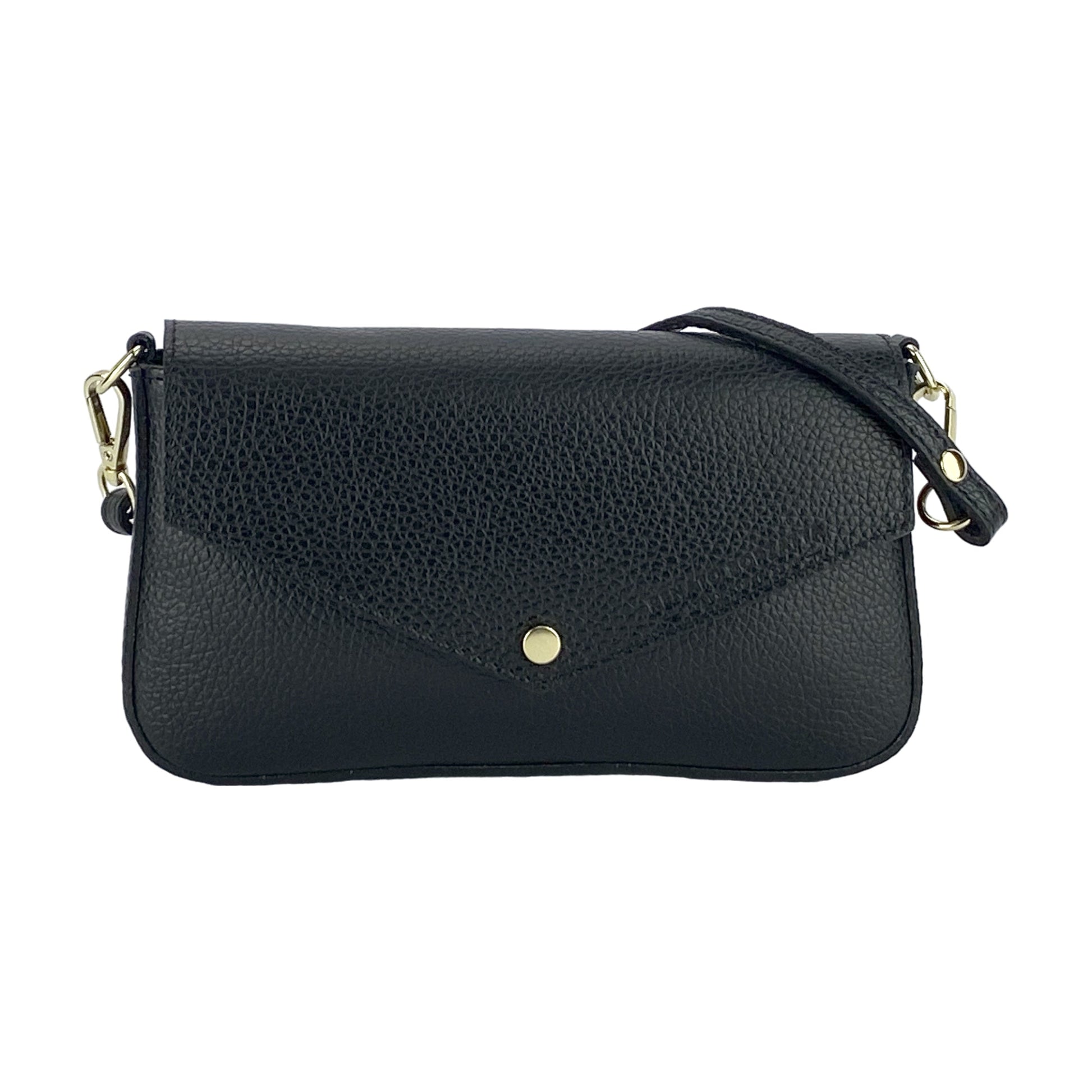 RB1023A | Borsa piccola a Spalla con Tracolla a catena removibile in Vera Pelle Made in Italy. Pattina di Chiusura. Accessori in metallo Oro Lucido - Colore Nero-1