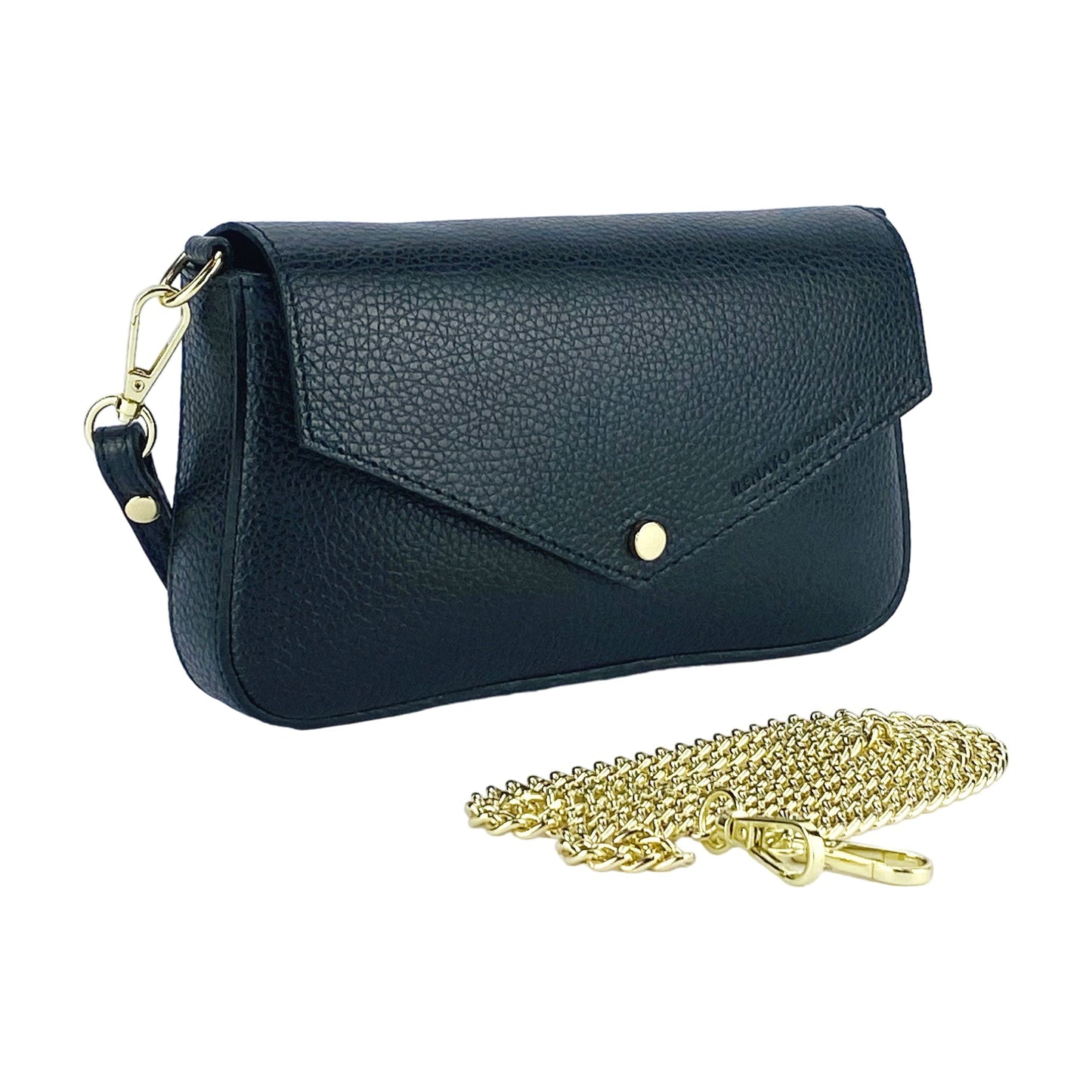 RB1023A | Borsa piccola a Spalla con Tracolla a catena removibile in Vera Pelle Made in Italy. Pattina di Chiusura. Accessori in metallo Oro Lucido - Colore Nero-2