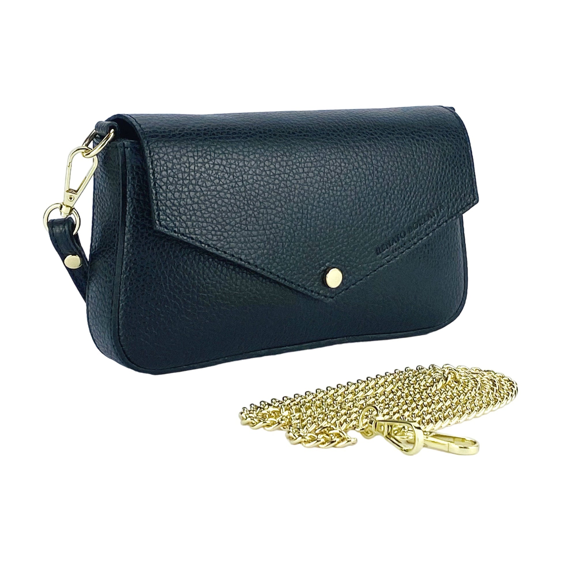 RB1023A | Borsa piccola a Spalla con Tracolla a catena removibile in Vera Pelle Made in Italy. Pattina di Chiusura. Accessori in metallo Oro Lucido - Colore Nero-2