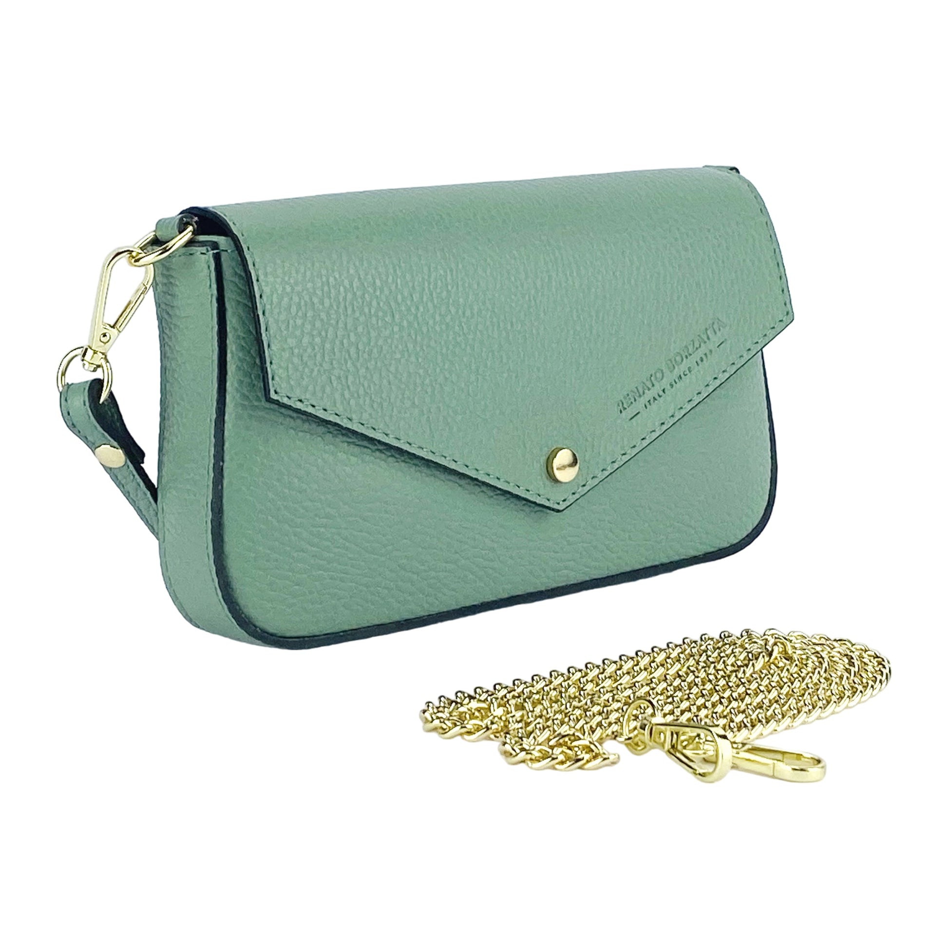 RB1023BF | Borsa piccola a Spalla con Tracolla a catena removibile in Vera Pelle Made in Italy. Pattina di Chiusura. Accessori in metallo Oro Lucido - Colore Menta - Dimensioni: cm 22 x 12 x 3-2