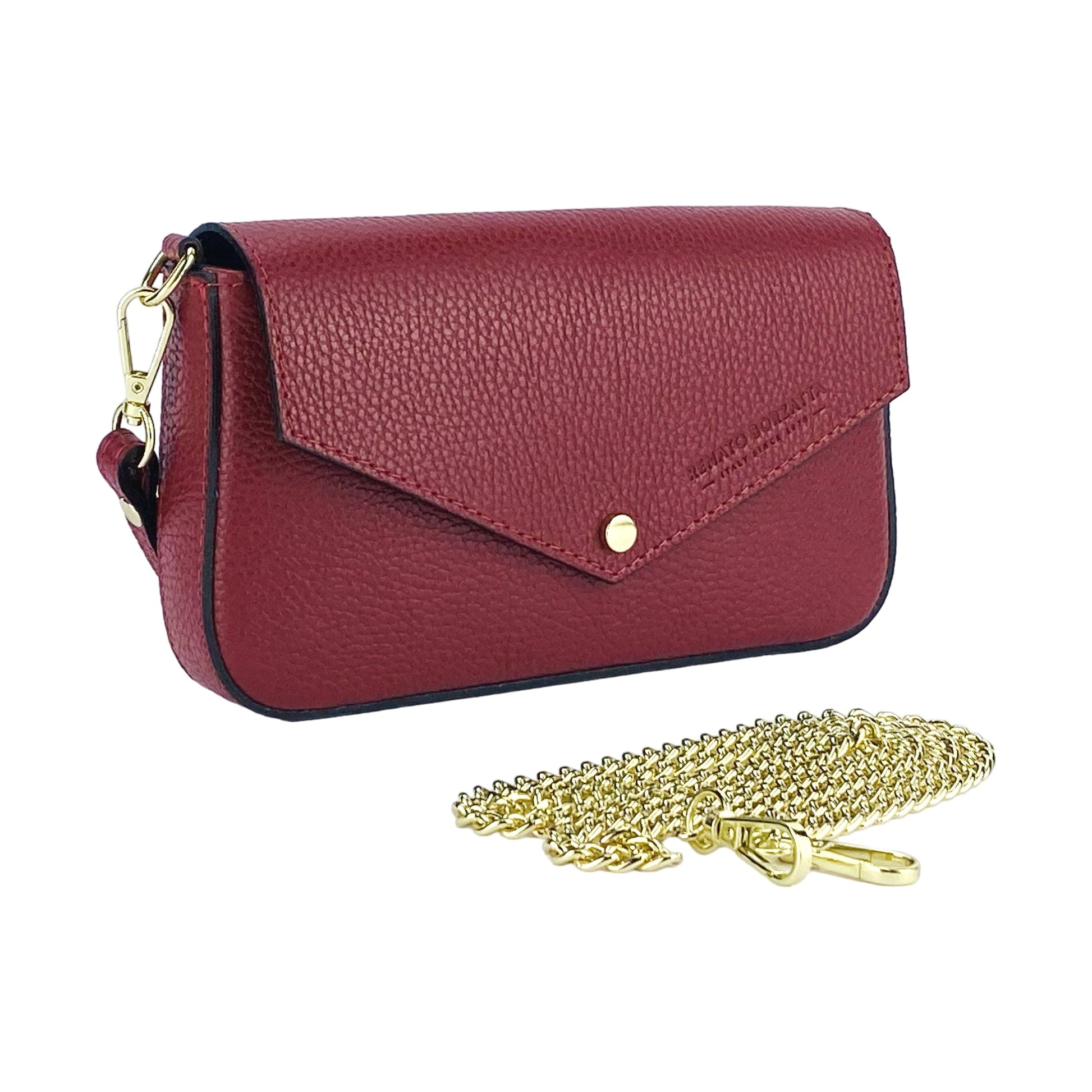 RB1023V | Borsa piccola a Spalla con Tracolla a catena removibile in Vera Pelle Made in Italy. Pattina di Chiusura. Accessori in metallo Oro Lucido - Colore Rosso - Dimensioni: cm 22 x 12 x 3-2