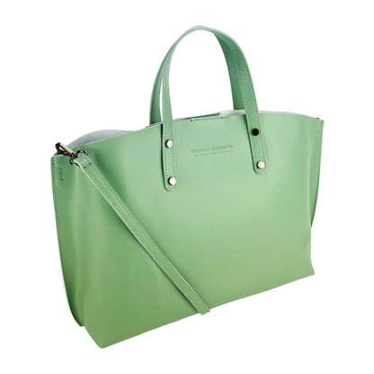 RB1024BF  | Borsa Donna a Mano in Vera Pelle Made in Italy con tracolla removibile. Sacca grande interna estraibile. Accessori Canna di Fucile Lucido - Colore Menta - Dimensioni: cm 48x31x11-0