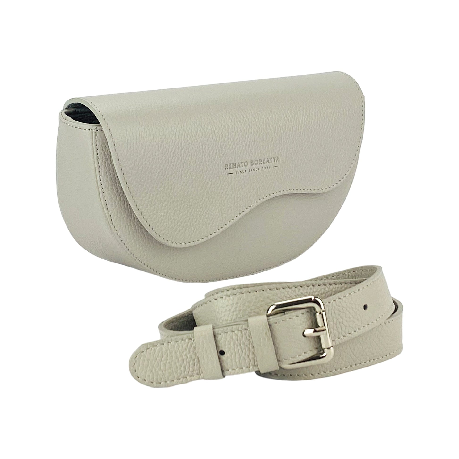 RB1027BO  | Borsa Donna a Bandoliera stondata in Vera Pelle Made in Italy. Tracolla removibile e regolabile in pelle. Accessori Nickel Lucido - Colore Ghiaccio - Dimensioni: cm 25 x 15 x 9-0